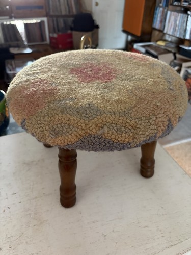 Vintage hooked rug footstool - hooked,