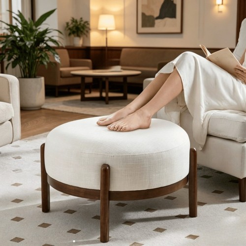 29in round ottoman - ottoman, linen